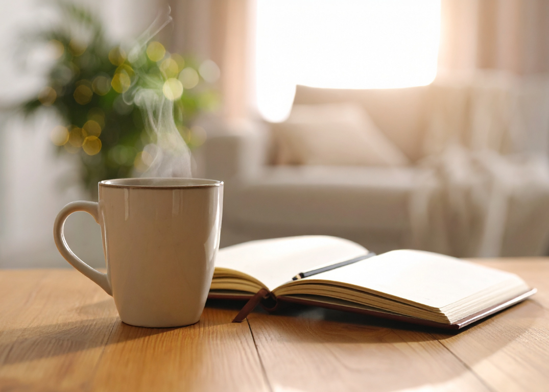 open notebook with a cup of herbal tea or coffee steaming